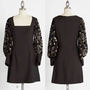 Hutch Flocked Gold Black Polka Dot Balloon Sleeve Mini Dress Size 4. NWOT